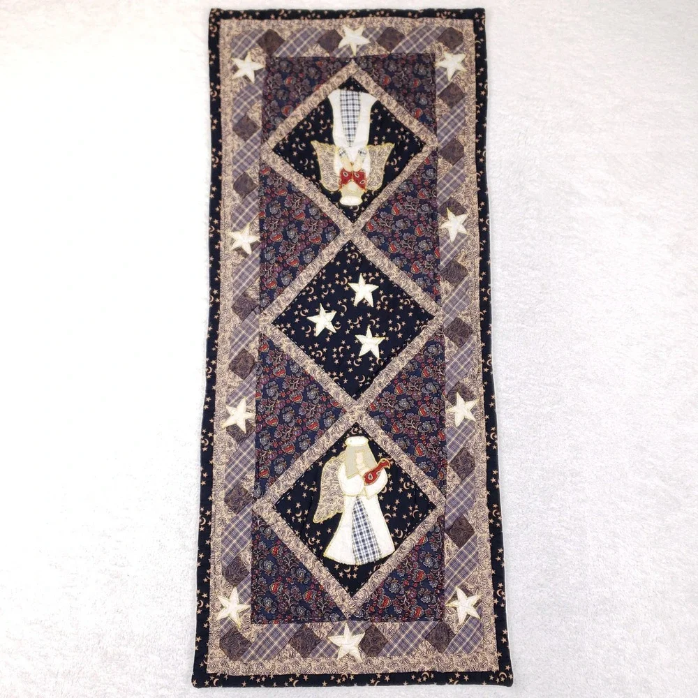 Handmade Quilted Angel Table Runner Navy Blue Stars Paisley Primitive 14x34